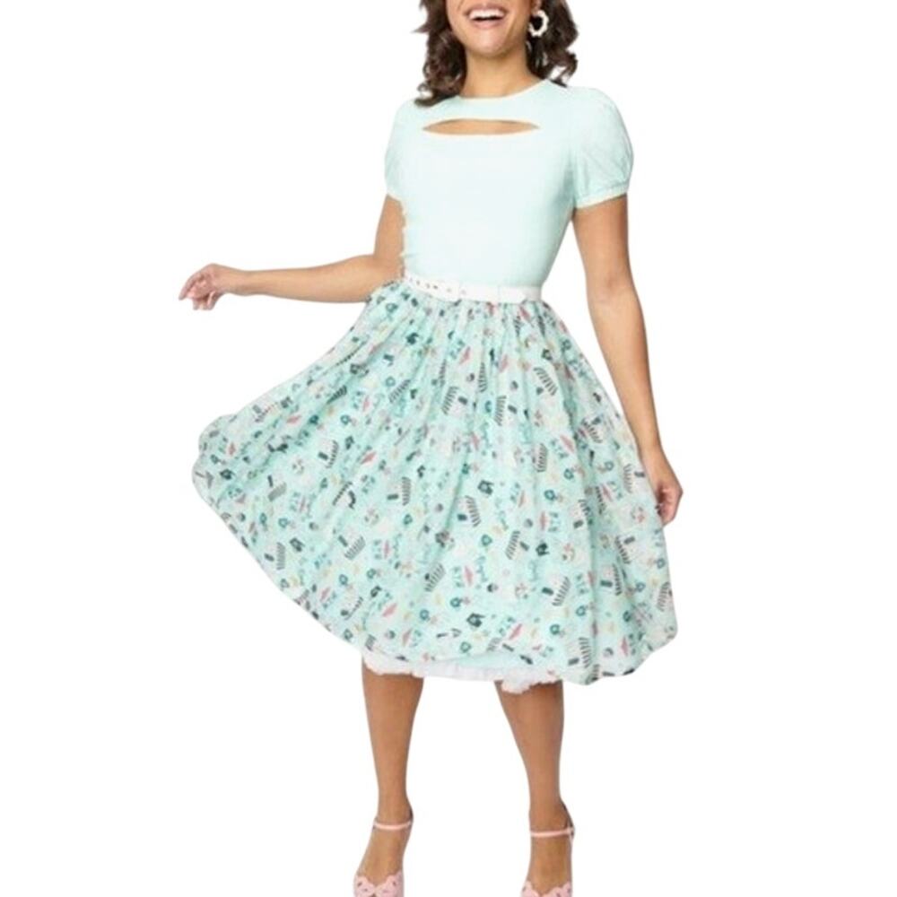 Unique Vintage Womens Pinup Novelty Print Dress 4X Green Cafe Paris Retro 90s